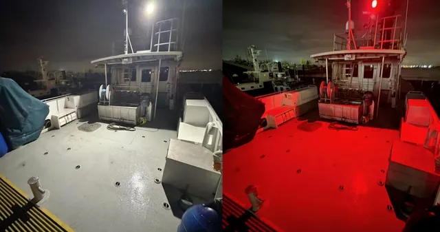 The same work deck lit in white and then in red night mode by DuraBrite Gemini lights