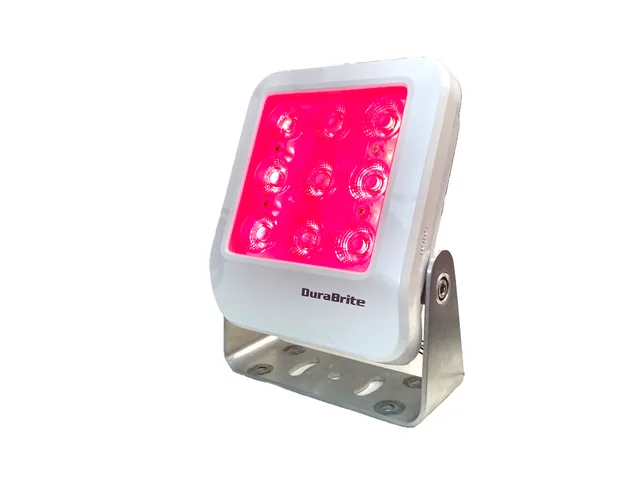 DuraBrite Nano Gemini WR in a white housing, lit in red night mode
