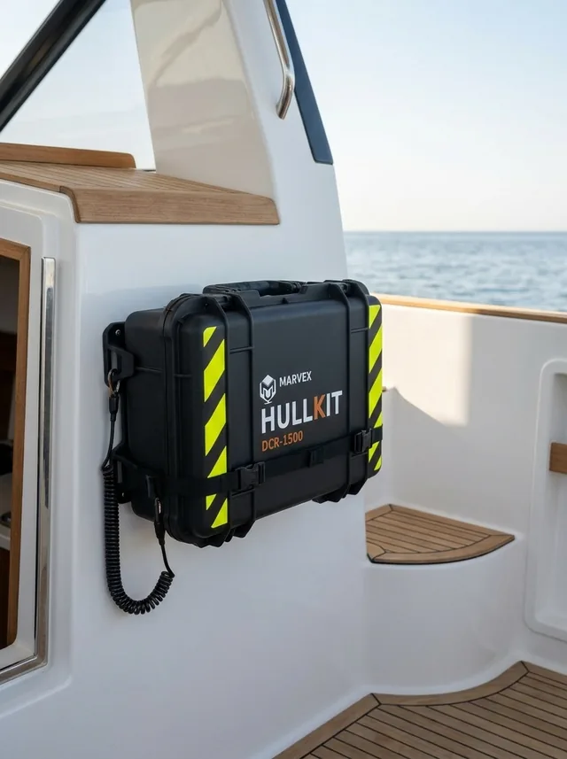 HULLKIT DCR-1500 case mounted on a vessel bulkhead, ready for grab-and-go access