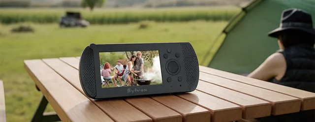Sylvox portable battery-powered television standing on a table at a campsite