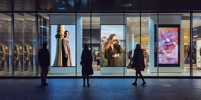 Sylvox commercial displays in a retail storefront window, lit at night